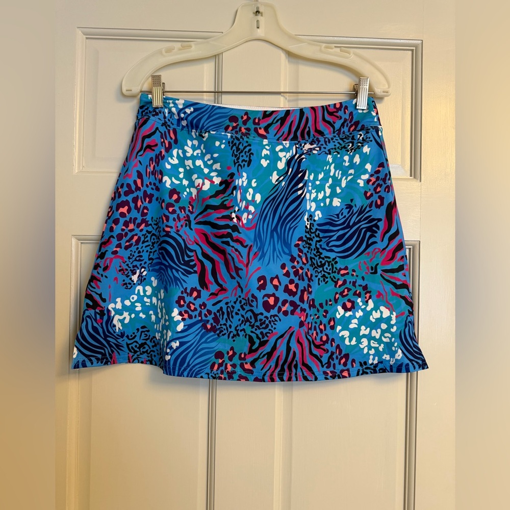 Blue Animal-Print Mini Skirt - Vibrant Tropical Pattern
